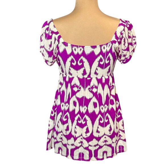VTG Y2K Babydoll Top Sz.M Ikat Print Short Puff Sleeve Boho Coquette Festival - Picture 4 of 10